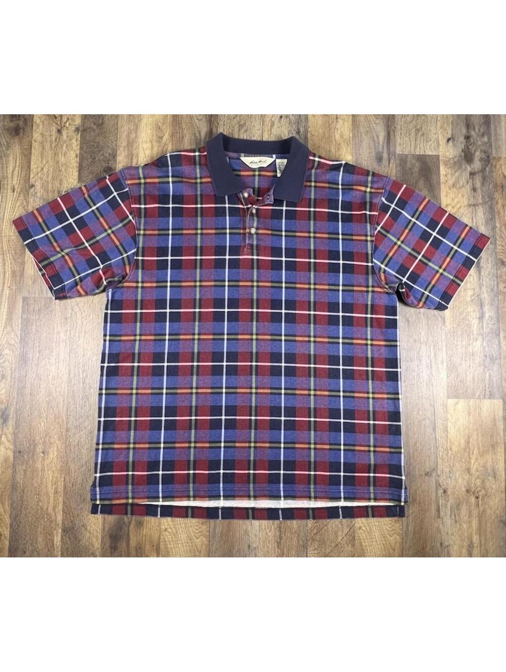 Vintage 90s Polo Shirt Men XL Oversized Tartan Plaid Cotton Eddie Bauer Preppy